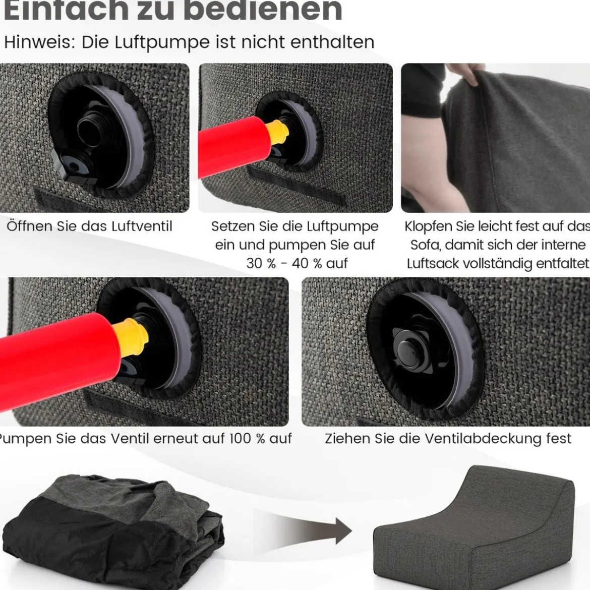 Aufblasbarer Lounge-Sessel ergonomisches aufblasbares Lazy Sofa mit abnehmbarem Bezug Grau