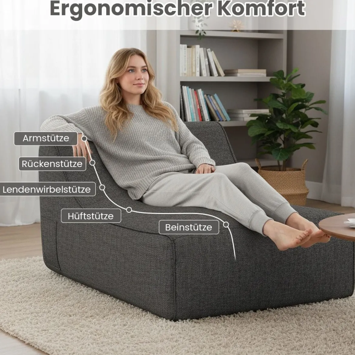 Aufblasbarer Lounge-Sessel ergonomisches aufblasbares Lazy Sofa mit abnehmbarem Bezug Grau