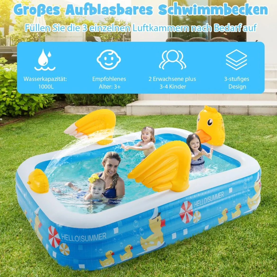 Aufblasbarer Pool mit Luftpumpe Planschbecken Schwimmbecken 245 x 172 x 50 cm Blau