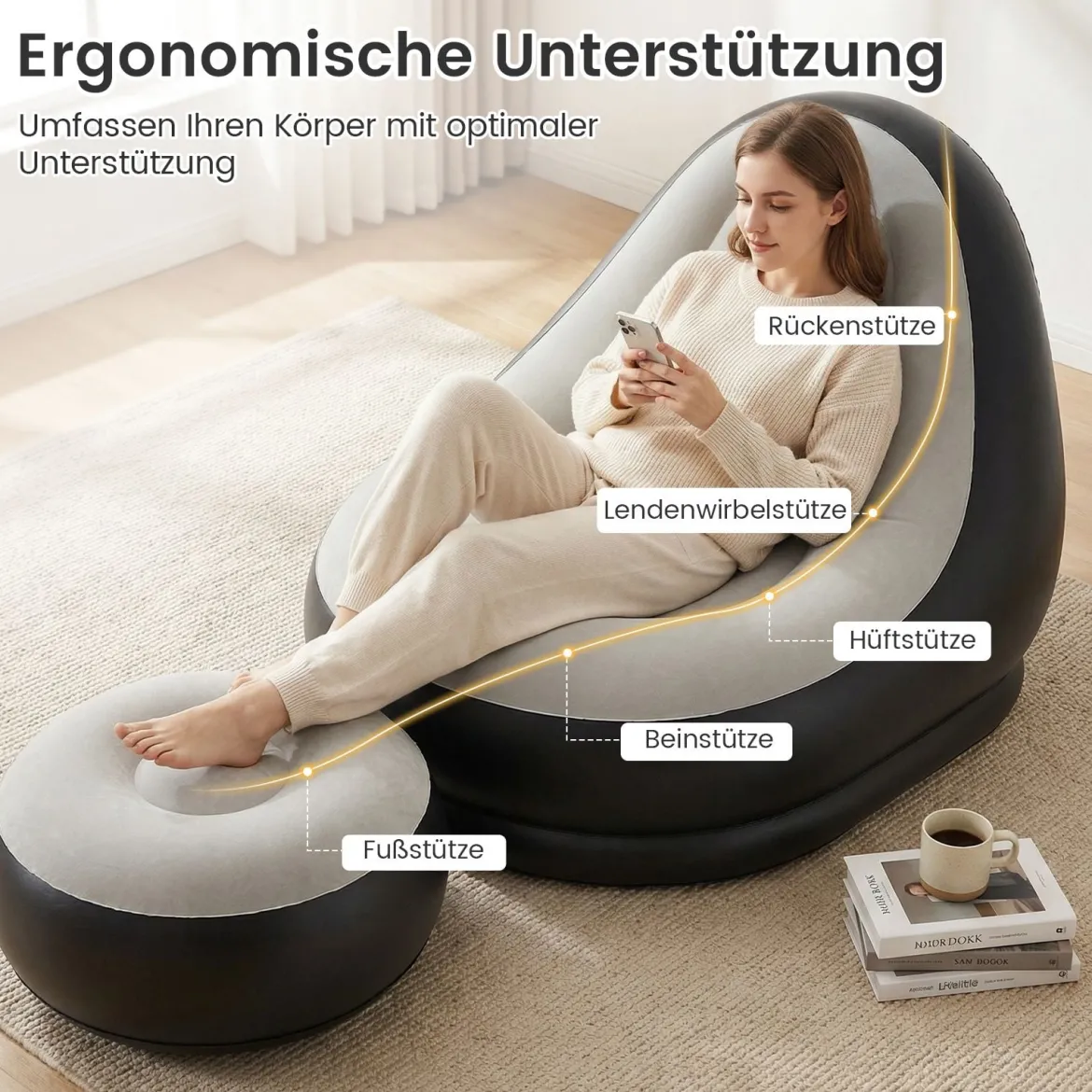 Aufblasbarer Sessel mit Fußhocker & PVC Beflockt-Oberfläche & Getränkehalter Luftsessel Luftsofa