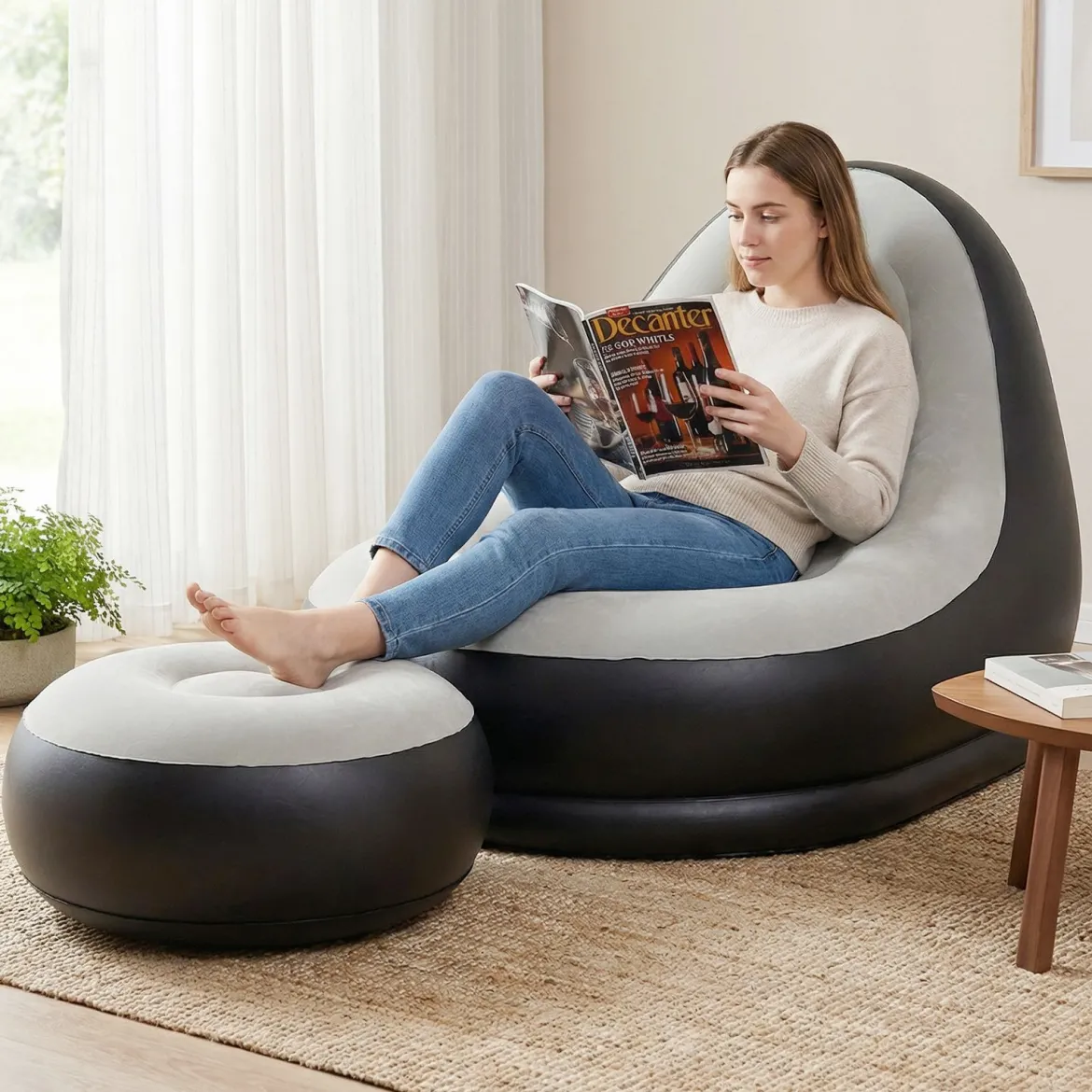 Aufblasbarer Sessel mit Fußhocker & PVC Beflockt-Oberfläche & Getränkehalter Luftsessel Luftsofa