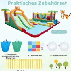 Aufblasbarer Wasserpark für Kinder Hüpfburg mit 2 Rutschen Sprungbereich Kletterwand & Ringwurfspiel