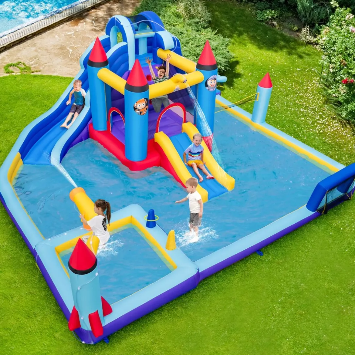 Aufblasbarer Wasserpark im Raketenmotiv mit Gebläse riesige Hüpfburg für Kinder mit 2 Rutschen 555 x 500 x 217 cm