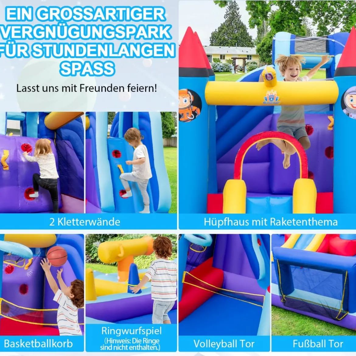 Aufblasbarer Wasserpark im Raketenmotiv mit Gebläse riesige Hüpfburg für Kinder mit 2 Rutschen 555 x 500 x 217 cm