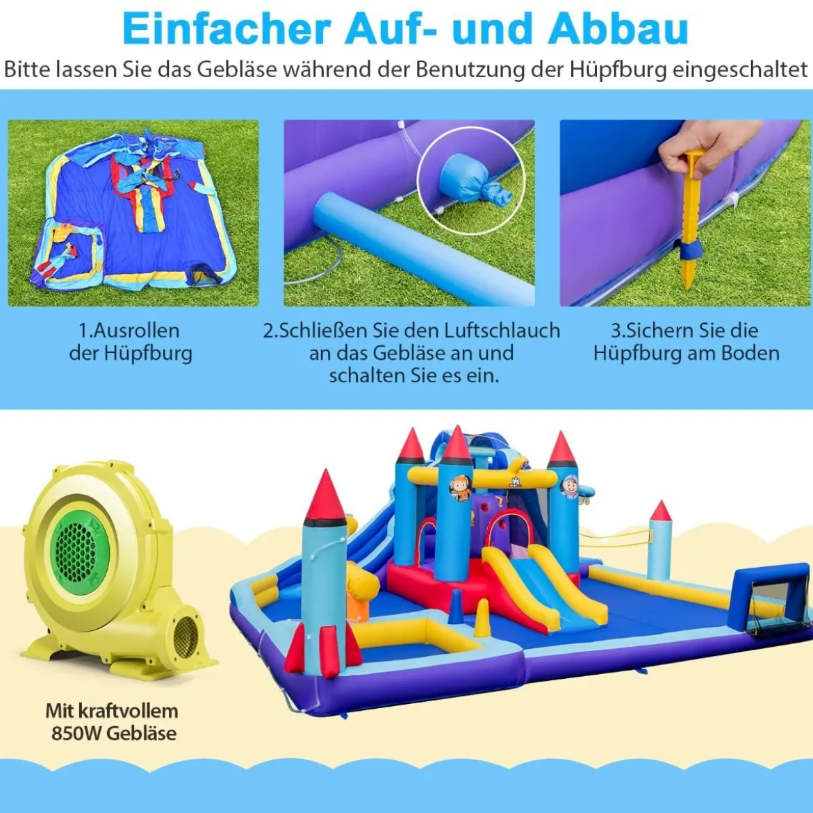 Aufblasbarer Wasserpark im Raketenmotiv mit Gebläse riesige Hüpfburg für Kinder mit 2 Rutschen 555 x 500 x 217 cm