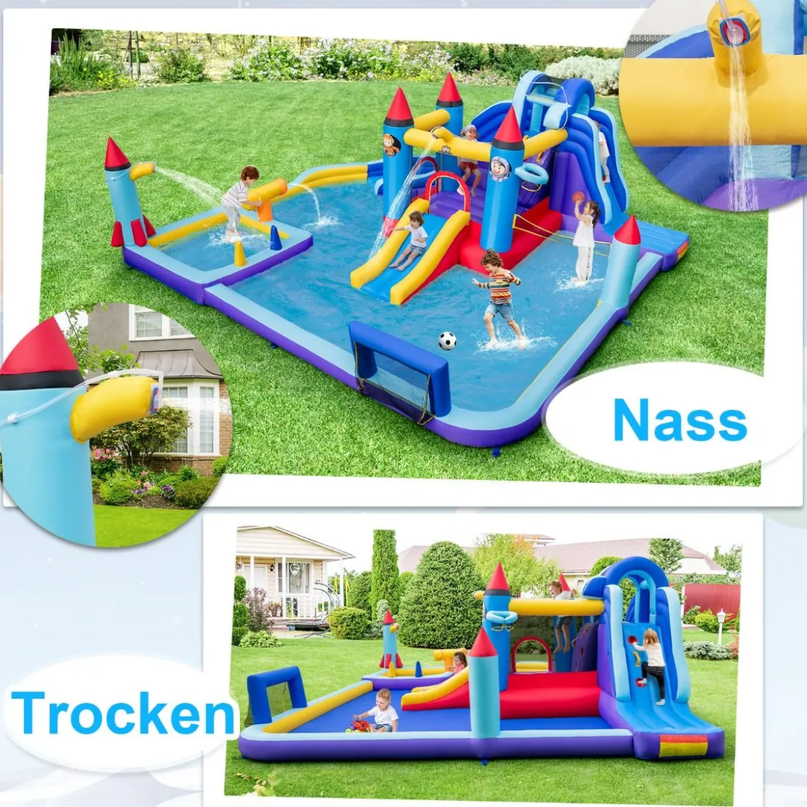 Aufblasbarer Wasserpark im Raketenmotiv mit Gebläse riesige Hüpfburg für Kinder mit 2 Rutschen 555 x 500 x 217 cm