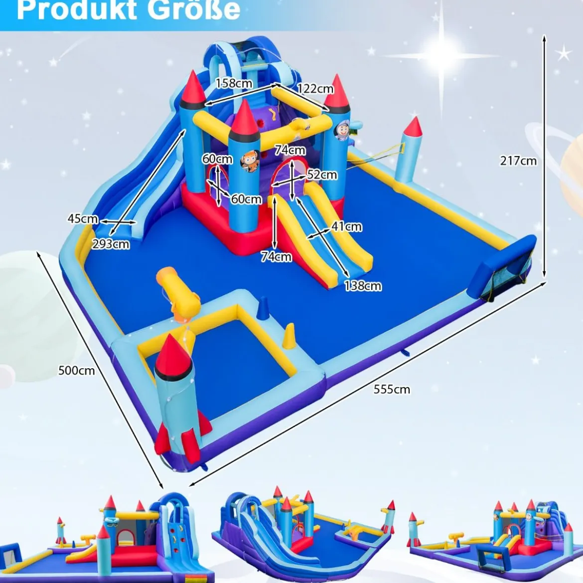 Aufblasbarer Wasserpark im Raketenmotiv mit Gebläse riesige Hüpfburg für Kinder mit 2 Rutschen 555 x 500 x 217 cm