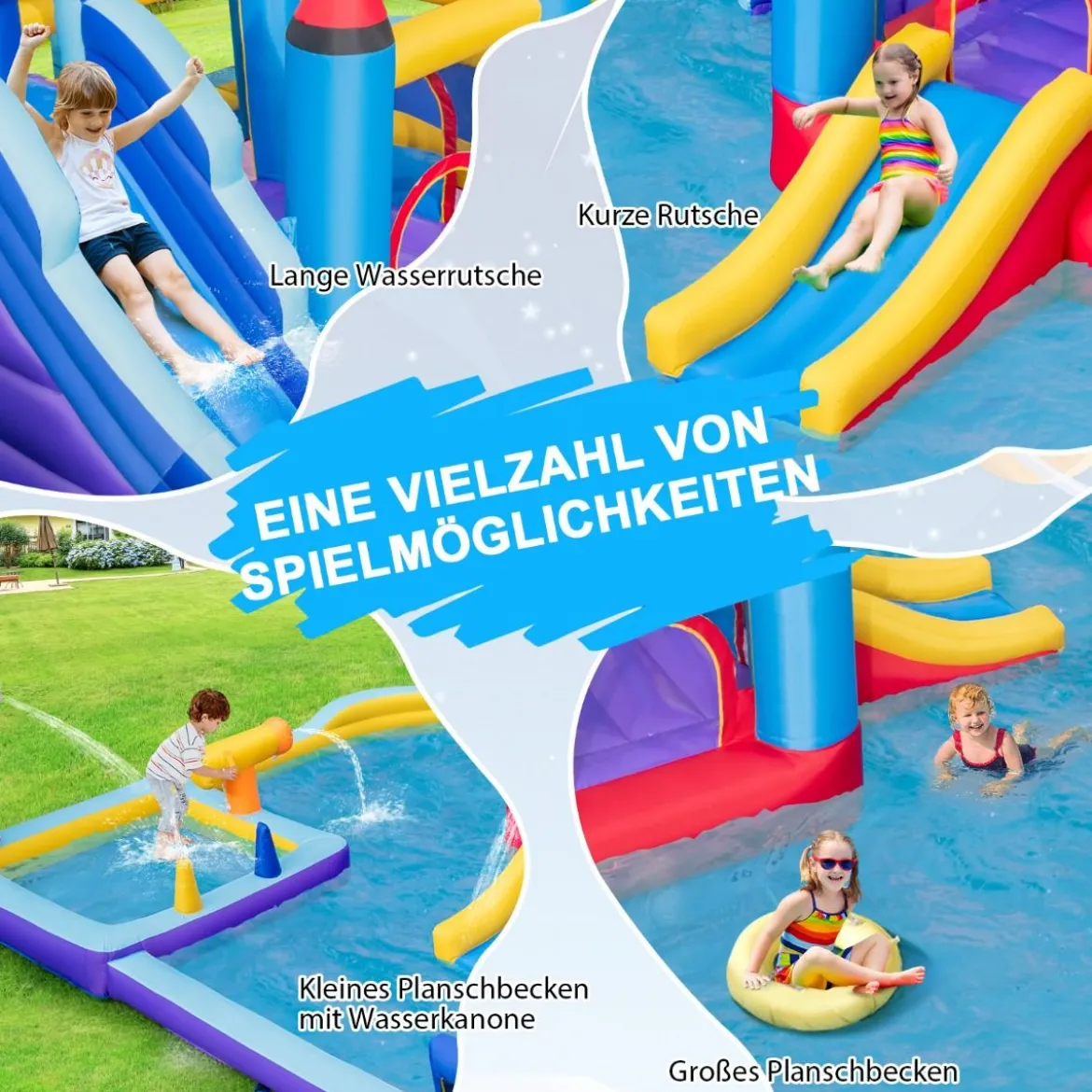 Aufblasbarer Wasserpark im Raketenmotiv mit Gebläse riesige Hüpfburg für Kinder mit 2 Rutschen 555 x 500 x 217 cm