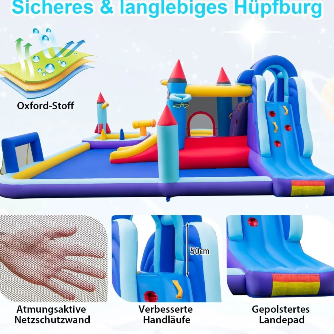 Aufblasbarer Wasserpark im Raketenmotiv mit Gebläse riesige Hüpfburg für Kinder mit 2 Rutschen 555 x 500 x 217 cm