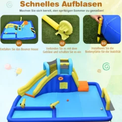 Aufblasbarer Wasserpark 6-in-1 Hüpfburg mit Wasserrutsche 526 x 373 x 203 cm Blau + Gelb
