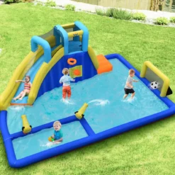 Aufblasbarer Wasserpark 6-in-1 Hüpfburg mit Wasserrutsche 526 x 373 x 203 cm Blau + Gelb