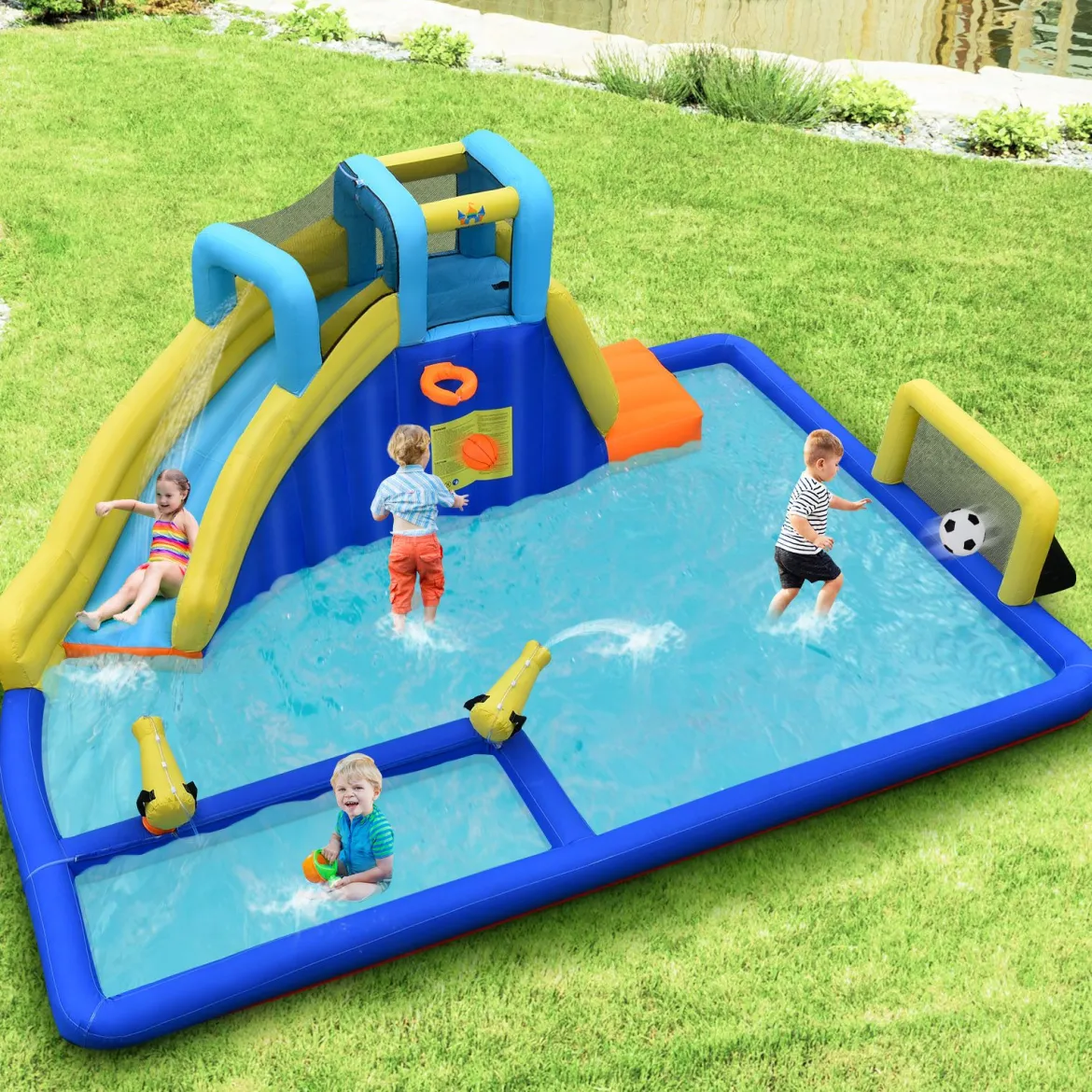 Aufblasbarer Wasserpark 6-in-1 Hüpfburg mit Wasserrutsche 526 x 373 x 203 cm Blau + Gelb