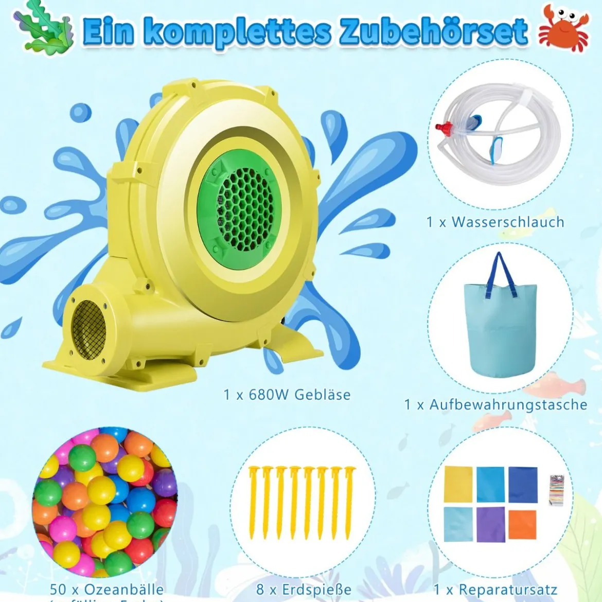 Aufblasbarer Wasserrutschenpark mit 2 Pools & 680W Gebläse & Wasserkanone Blau