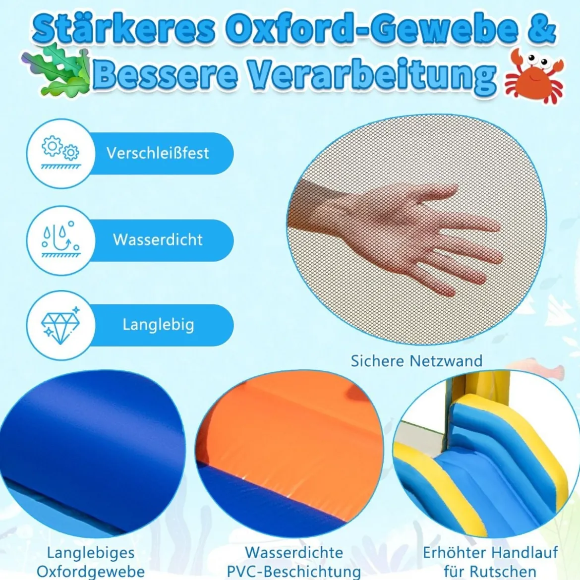 Aufblasbarer Wasserrutschenpark mit 2 Pools & 680W Gebläse & Wasserkanone Blau