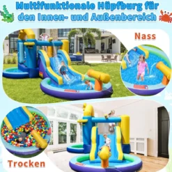 Aufblasbarer Wasserrutschenpark mit 2 Pools & 680W Gebläse & Wasserkanone Blau