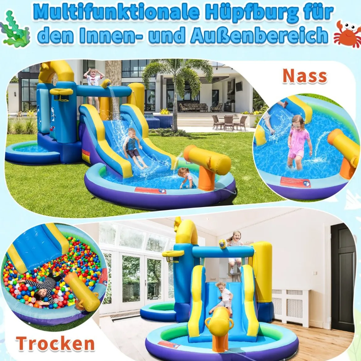 Aufblasbarer Wasserrutschenpark mit 2 Pools & 680W Gebläse & Wasserkanone Blau