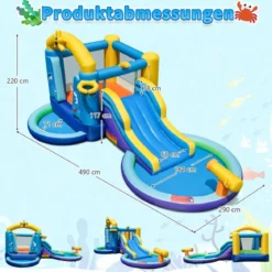 Aufblasbarer Wasserrutschenpark mit 2 Pools & 680W Gebläse & Wasserkanone Blau