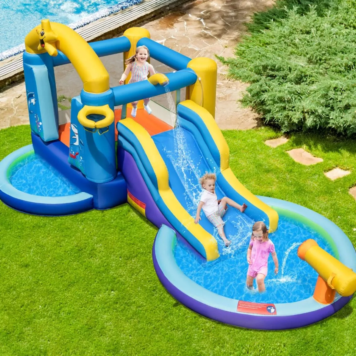Aufblasbarer Wasserrutschenpark mit 2 Pools & 680W Gebläse & Wasserkanone Blau