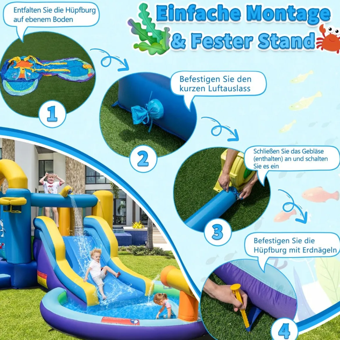 Aufblasbarer Wasserrutschenpark mit 2 Pools & 680W Gebläse & Wasserkanone Blau