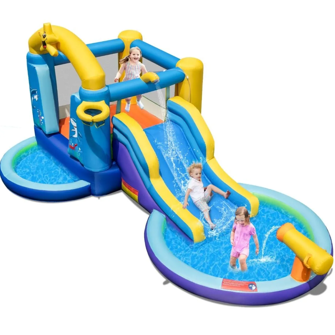 Aufblasbarer Wasserrutschenpark mit 2 Pools & 680W Gebläse & Wasserkanone Blau