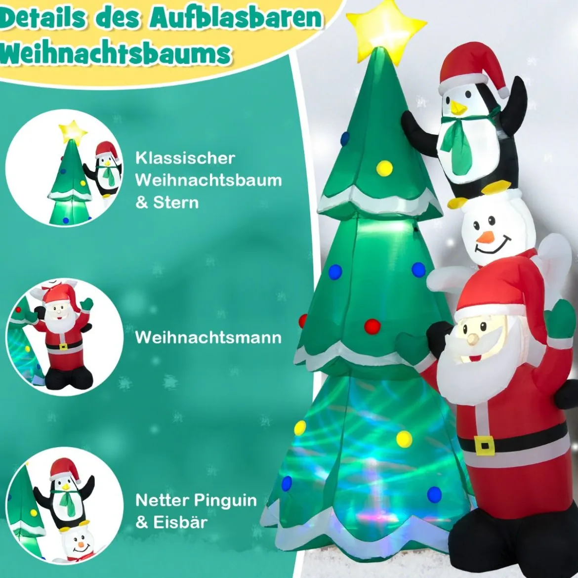 Aufblasbarer Weihnachtsdekoration Mit Mehrfarbigem Disco-Licht & 5 hellen LEDs 266 cm