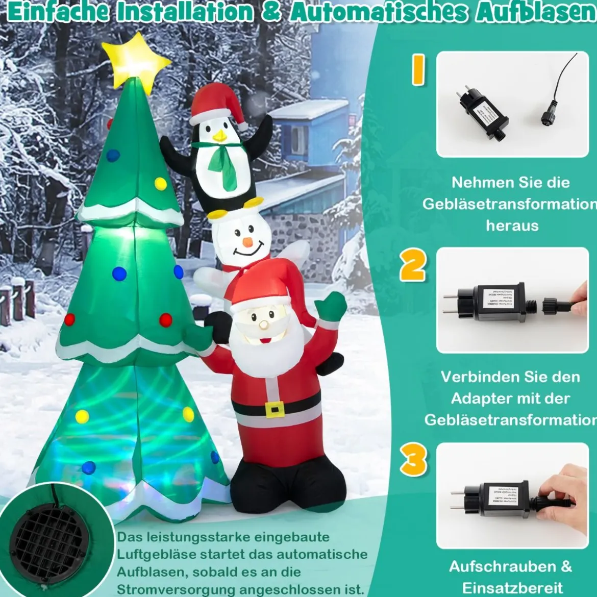 Aufblasbarer Weihnachtsdekoration Mit Mehrfarbigem Disco-Licht & 5 hellen LEDs 266 cm