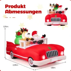 Aufblasbarer Weihnachtsmann im Cabriolet LED Weihnachtsdekoration mit Schlitten & Geschenkbox