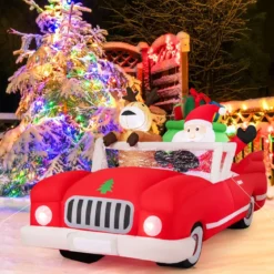 Aufblasbarer Weihnachtsmann im Cabriolet LED Weihnachtsdekoration mit Schlitten & Geschenkbox