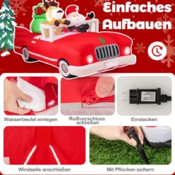 Aufblasbarer Weihnachtsmann im Cabriolet LED Weihnachtsdekoration mit Schlitten & Geschenkbox