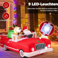 Aufblasbarer Weihnachtsmann im Cabriolet LED Weihnachtsdekoration mit Schlitten & Geschenkbox