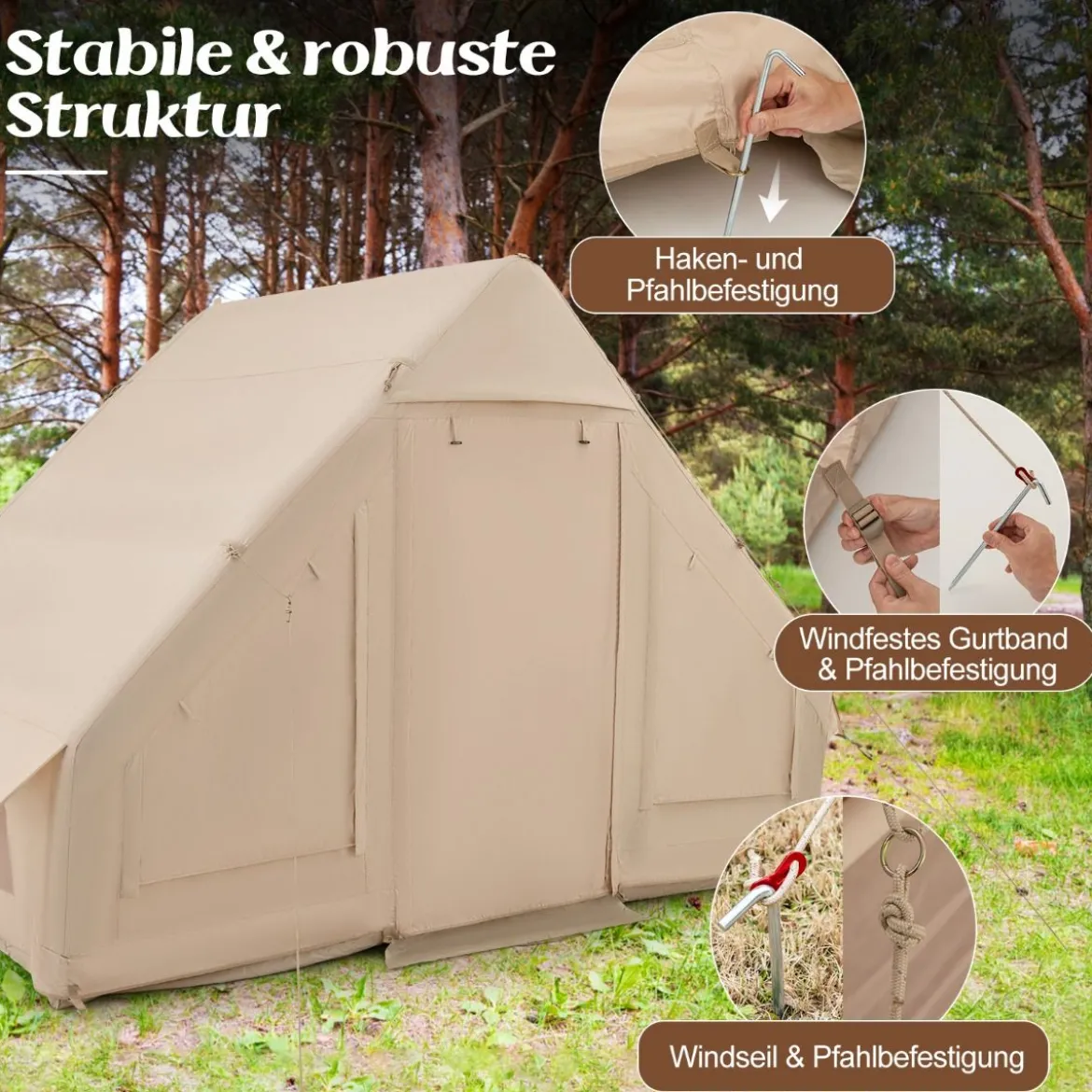 Aufblasbares Campingzelt aus Baumwolle für 4–6 Personen mit Pumpe & 7 Fenster Strandzelt