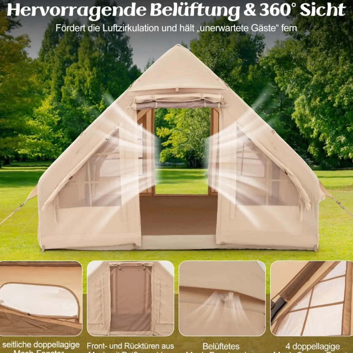 Aufblasbares Campingzelt aus Baumwolle für 4–6 Personen mit Pumpe & 7 Fenster Strandzelt