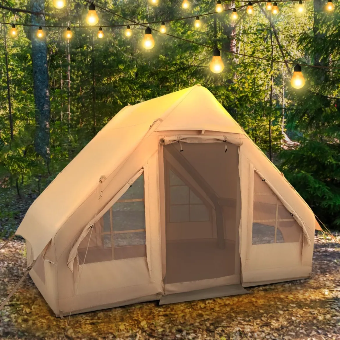 Aufblasbares Campingzelt aus Baumwolle für 4–6 Personen mit Pumpe & 7 Fenster Strandzelt