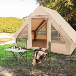 Aufblasbares Campingzelt aus Baumwolle für 4–6 Personen mit Pumpe & 7 Fenster Strandzelt