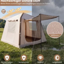 Aufblasbares Campingzelt für 2-4 Personen Luftzelt mit Moskitonetzfenstern Familienzelt mit Pumpe & Tragetasche
