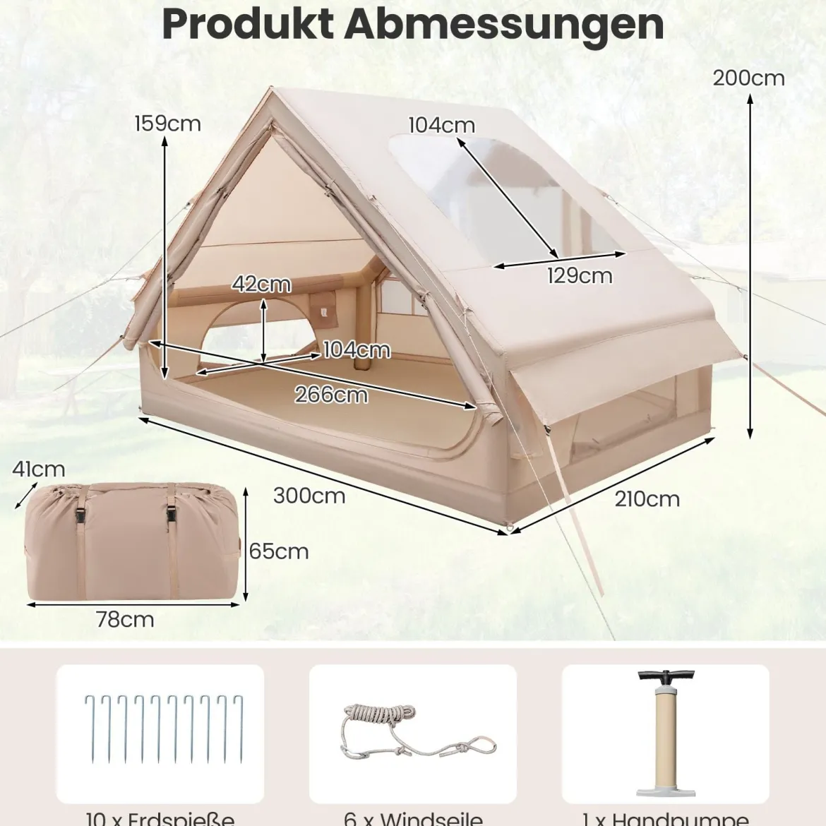 Aufblasbares Campingzelt 4-6 Personen wasserdichtes Luftzelt mit Pumpe Moskitofenstern 2 Türen Beige