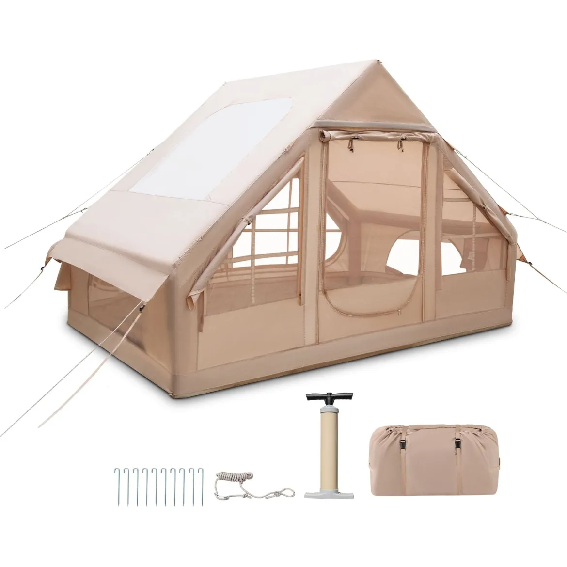 Aufblasbares Campingzelt 4-6 Personen wasserdichtes Luftzelt mit Pumpe Moskitofenstern 2 Türen Beige