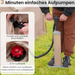 Aufblasbares Campingzelt 4-6 Personen wasserdichtes Luftzelt mit Pumpe Moskitofenstern 2 Türen Beige