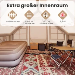 Aufblasbares Campingzelt 4-6 Personen wasserdichtes Luftzelt mit Pumpe Moskitofenstern 2 Türen Beige
