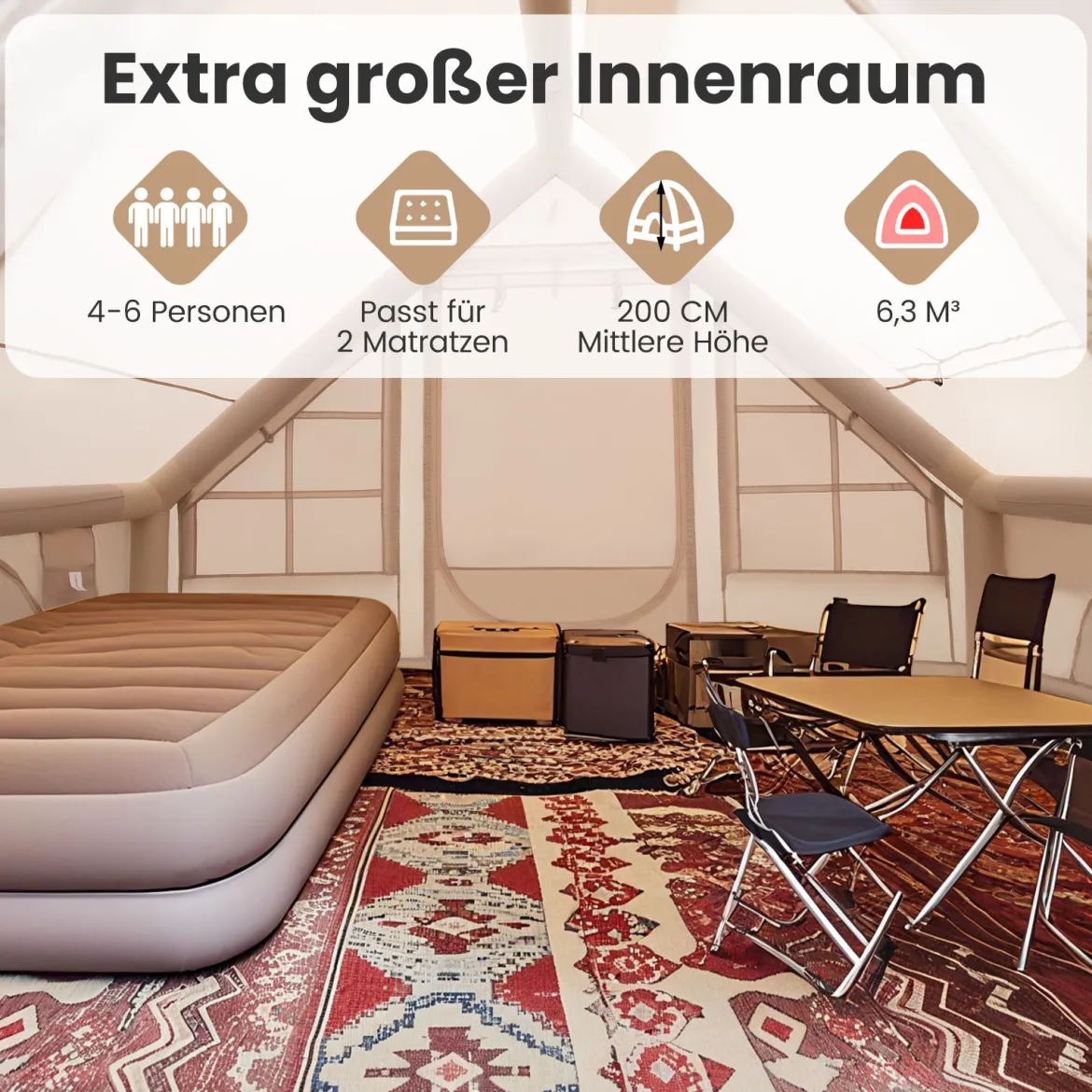Aufblasbares Campingzelt 4-6 Personen wasserdichtes Luftzelt mit Pumpe Moskitofenstern 2 Türen Beige