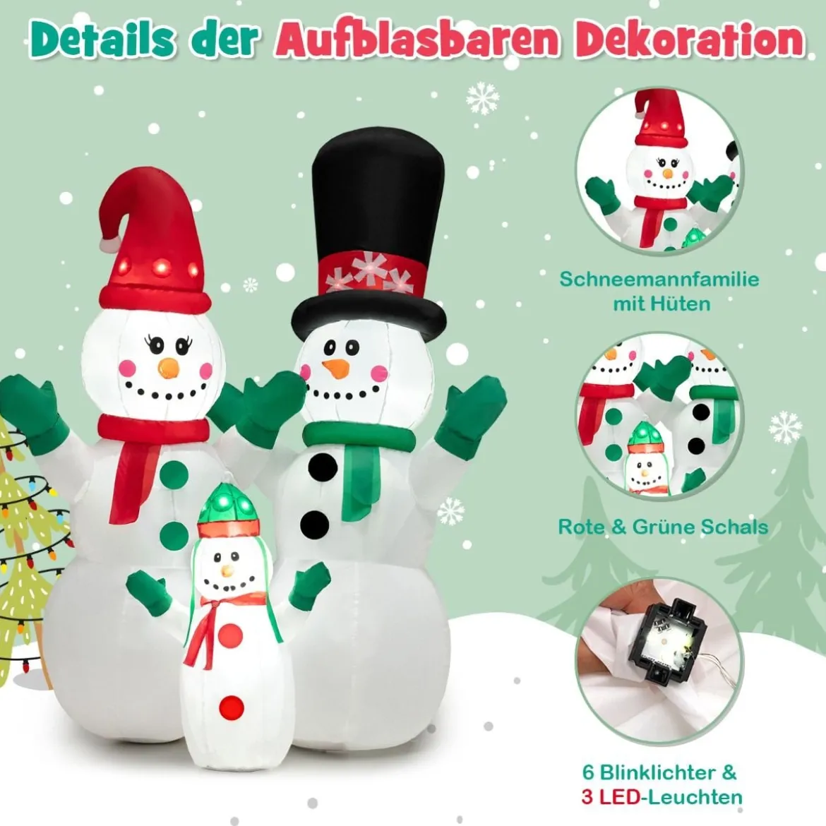 Aufblasbare Schneemannfamilie-Weihnachtsdekoration mit LEDs & Luftgebläse 175 cm