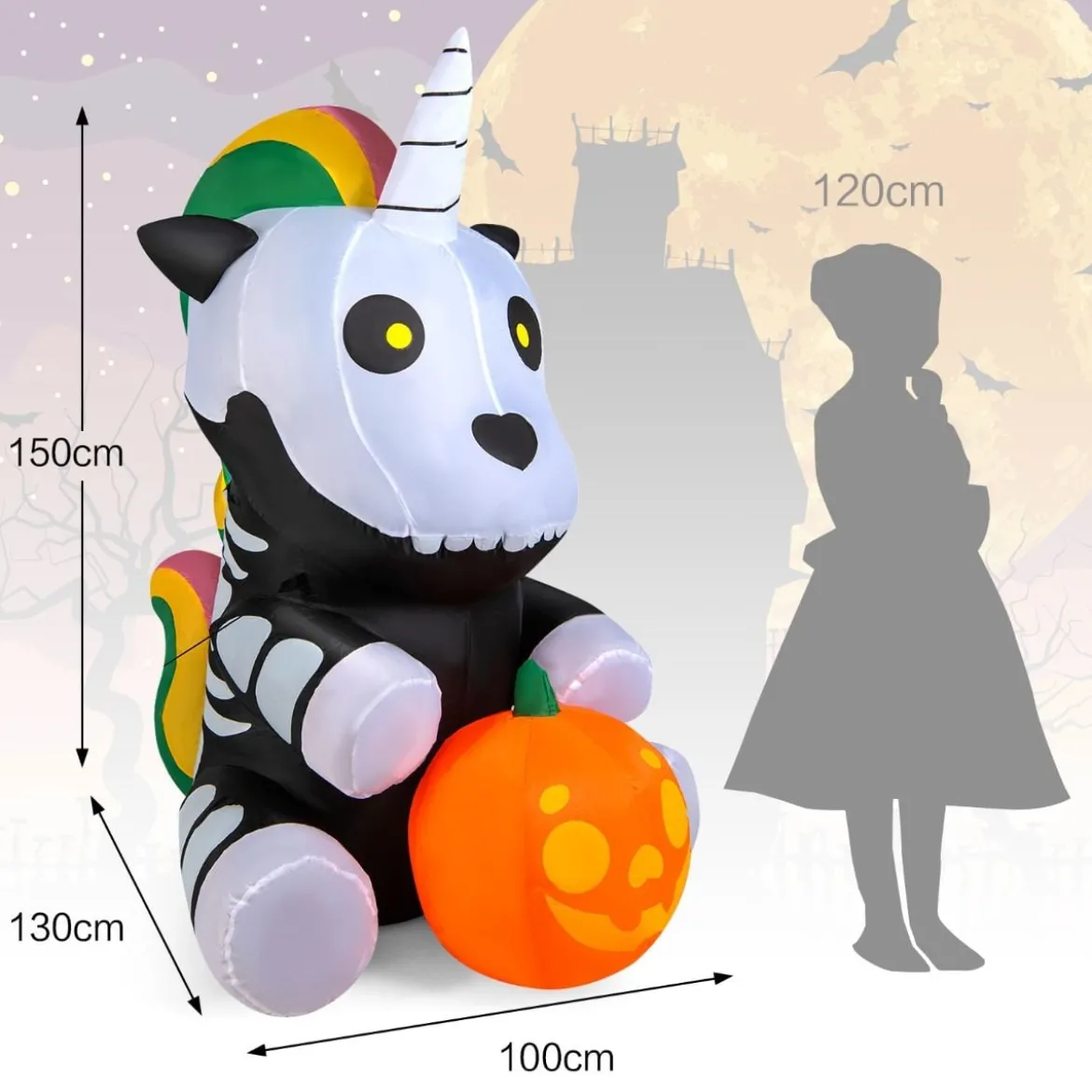 Aufblasbares Halloween-Einhorn-Skelett mit Kürbis Halloween-Dekoration 100 x 130 x 150 cm