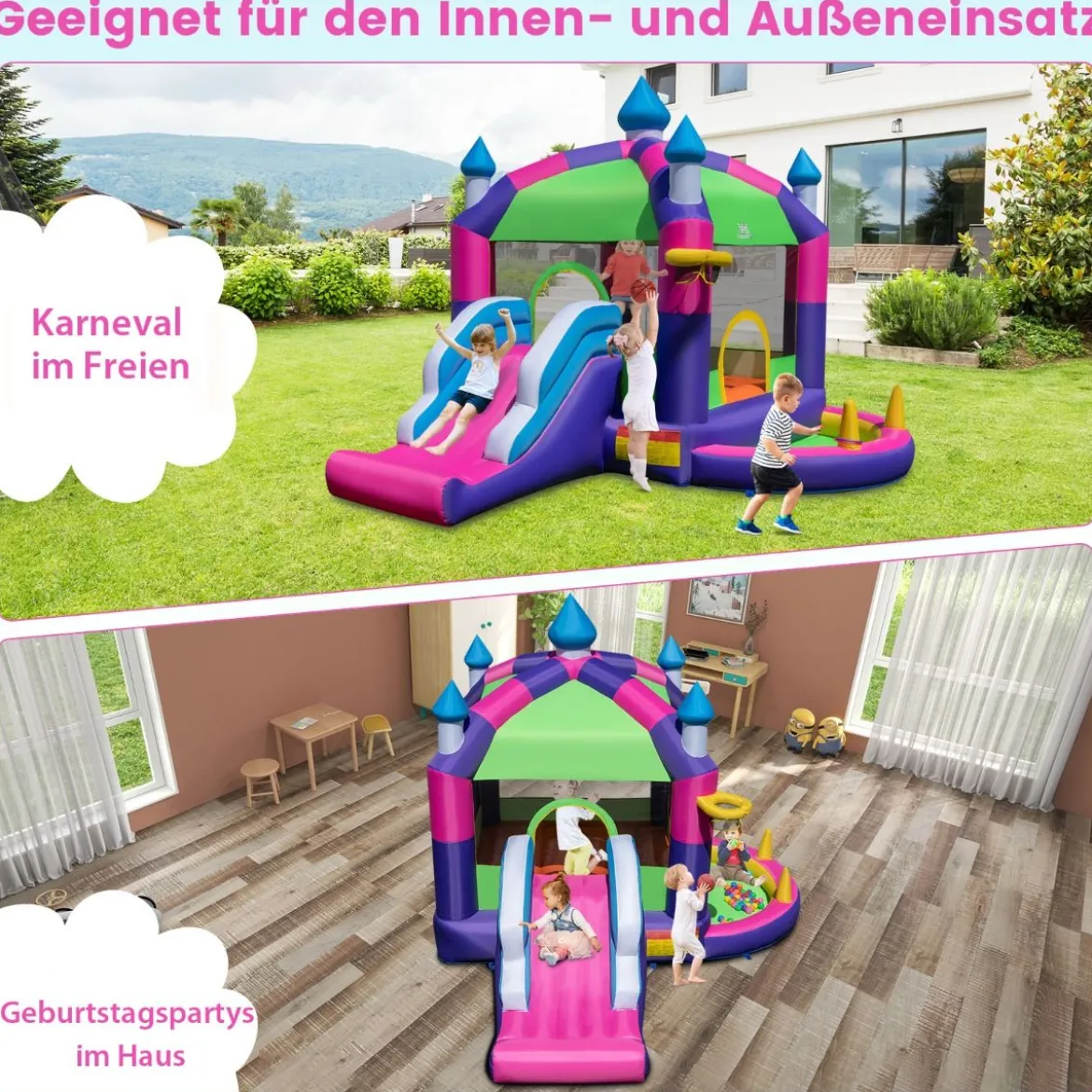 Aufblasbares Hüpfburg mit Sonnendach & Rutsche & Basketballkorb & Ringwurfspiel & Reparaturset