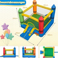 Aufblasbares Hüpfhaus 2 in 1 Mehrfarbig+550W Hüpfburge-Gebläse mit Griff & Erdspießen Set