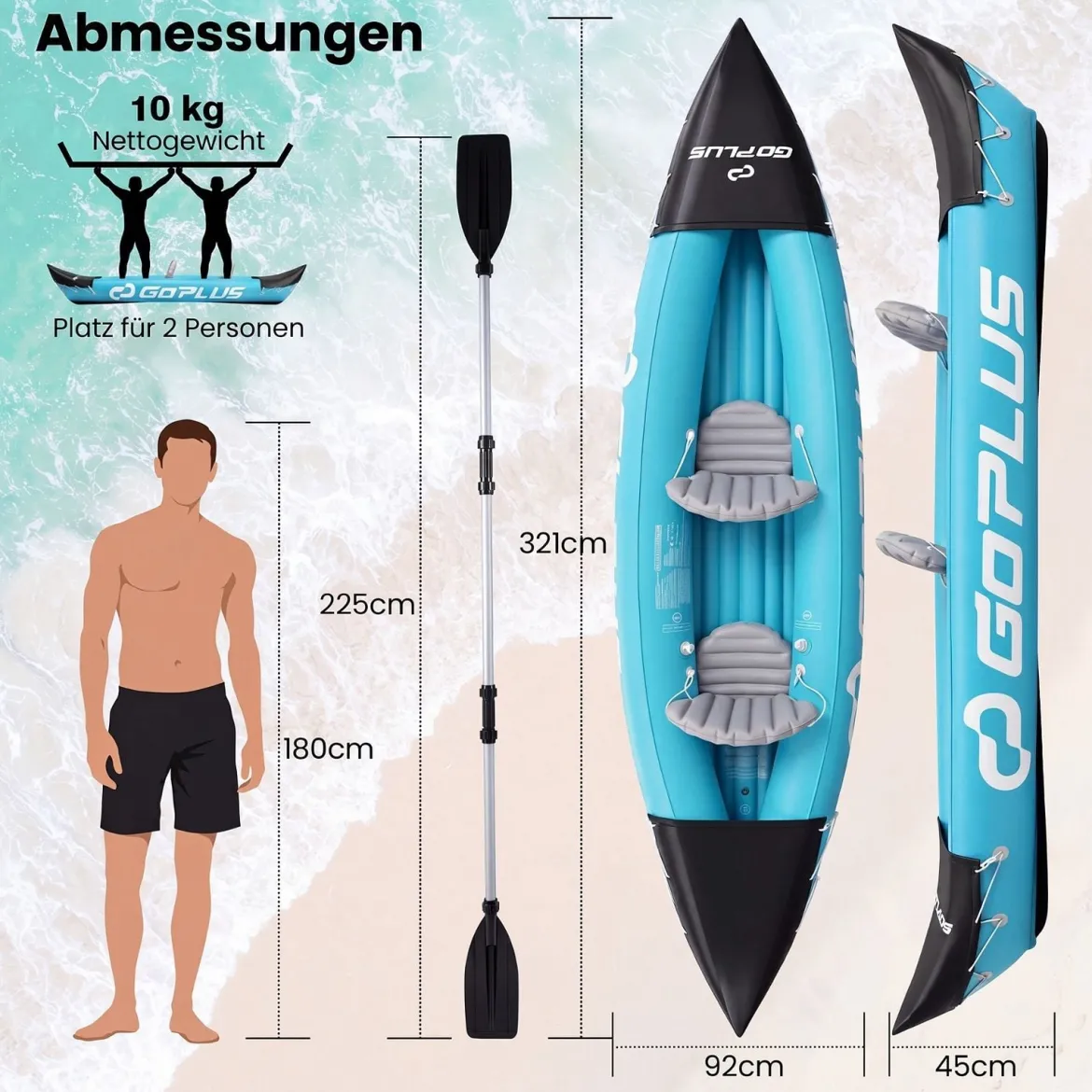 Aufblasbares Kajak Set für 2 Personen Schlauchkajak aus PVC mit 2 Aluminium-Paddel Pumpe bis zu 160 kg Belstbar