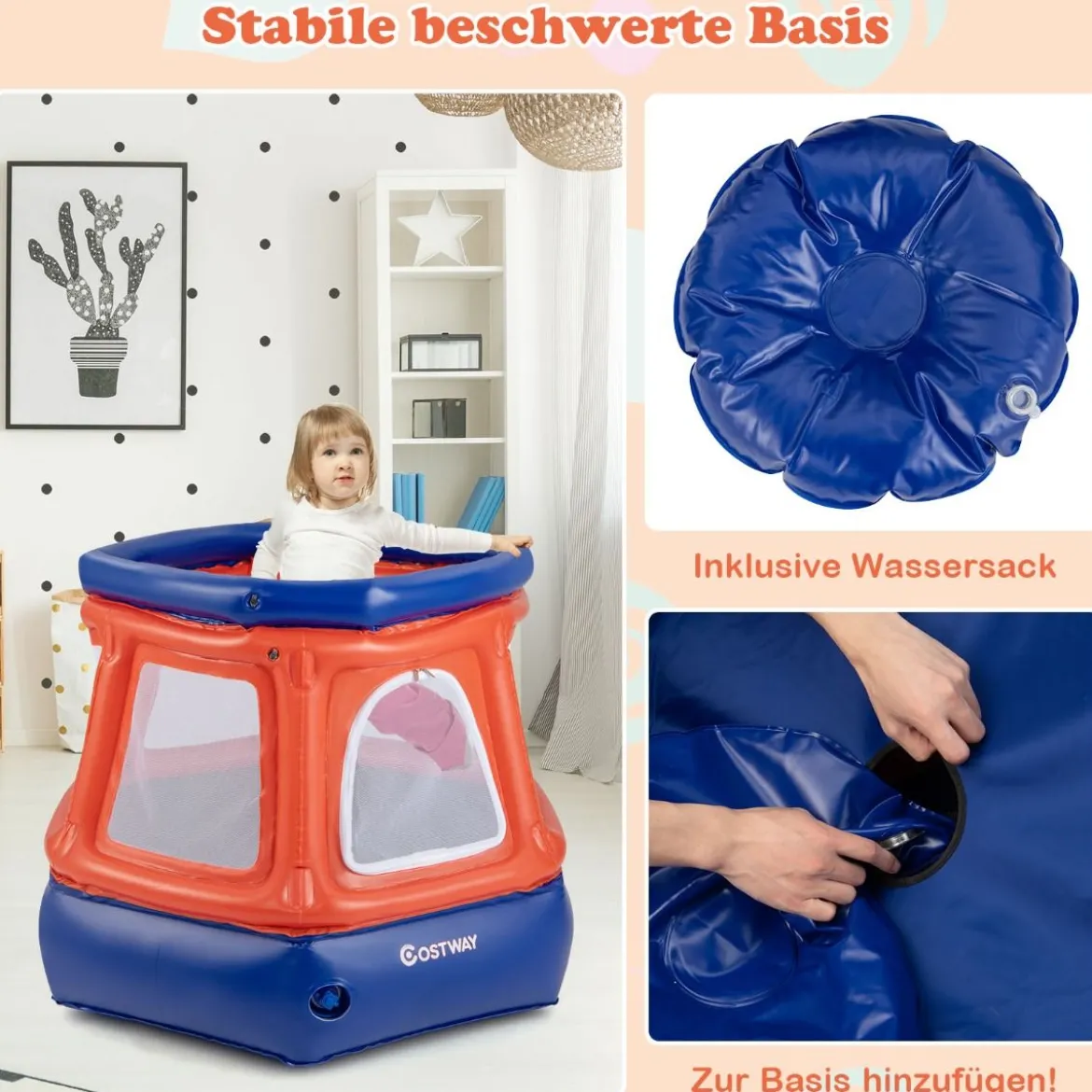 Aufblasbares Kindertrampolin Federfreies Mini-Trampolin 125 x 110 x 97 cm Rot + Blau