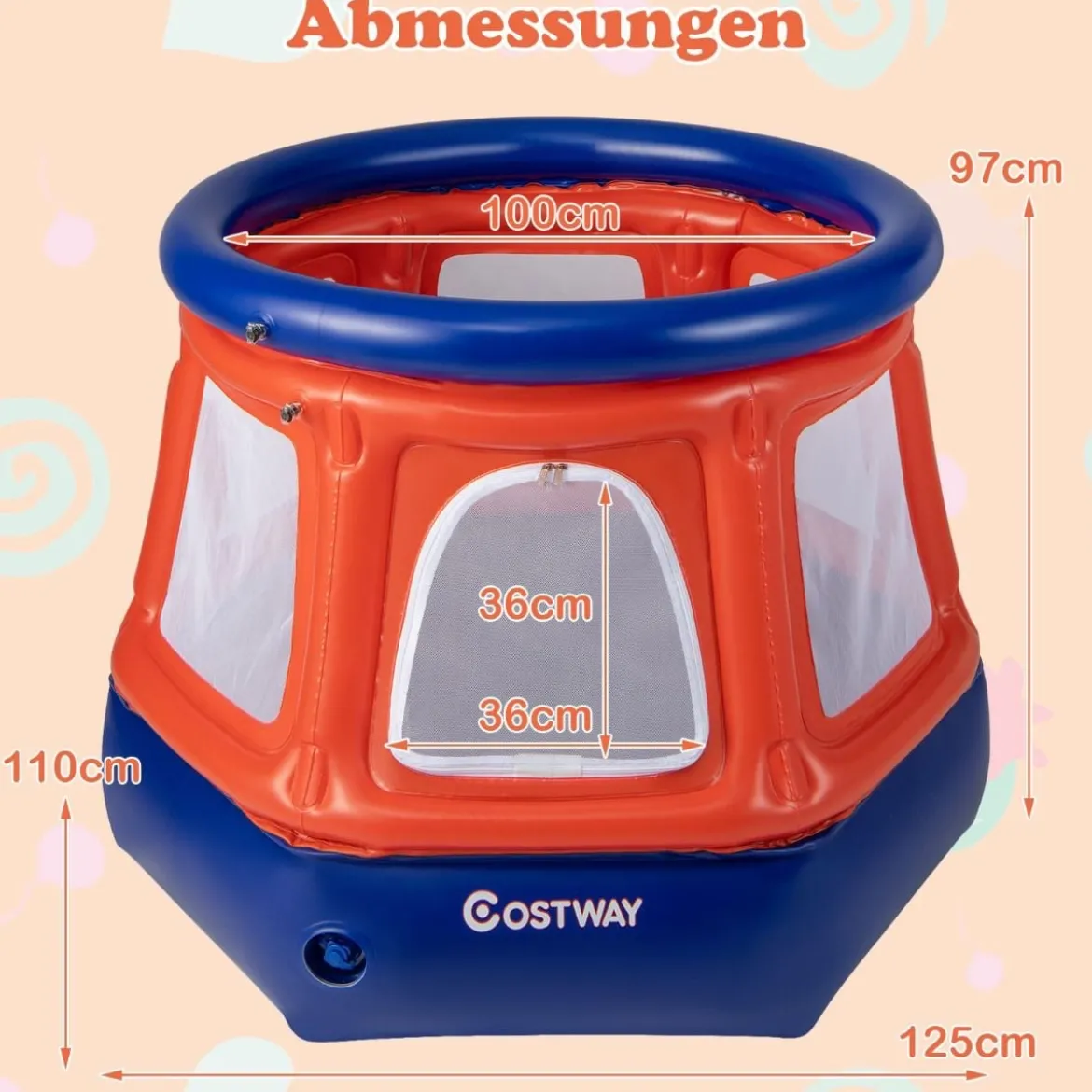 Aufblasbares Kindertrampolin Federfreies Mini-Trampolin 125 x 110 x 97 cm Rot + Blau