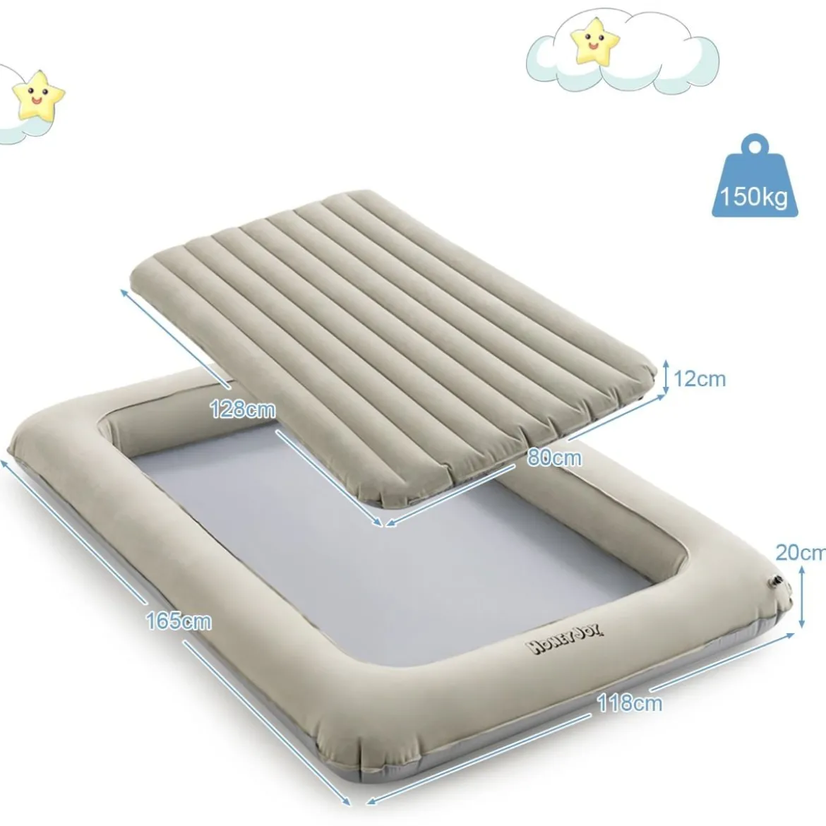Aufblasbares Kleinkind-Reisebett mit 2 in 1 Mehrzweck-Design für Kinder 165 x 118 x 20 cm Grau