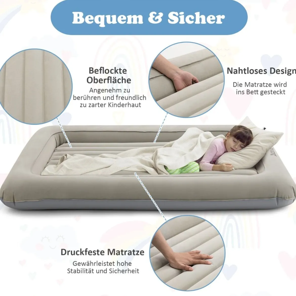 Aufblasbares Kleinkind-Reisebett mit 2 in 1 Mehrzweck-Design für Kinder 165 x 118 x 20 cm Grau