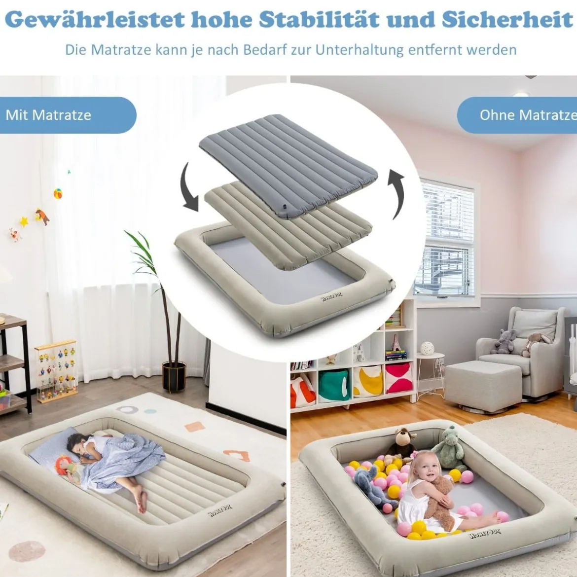 Aufblasbares Kleinkind-Reisebett mit 2 in 1 Mehrzweck-Design für Kinder 165 x 118 x 20 cm Grau